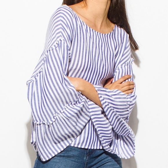 Navy Striped Bell Sleeve Boho Top - Picture 4 of 6
